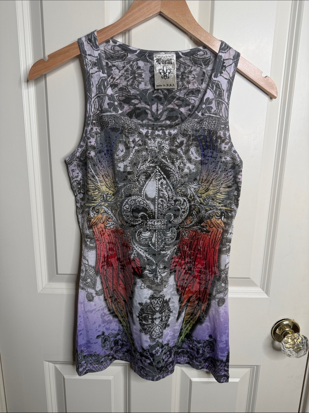 Vintage Vocal Winged Fleur-de-Lis Rhinestone Tank in Red, Purple, Gray